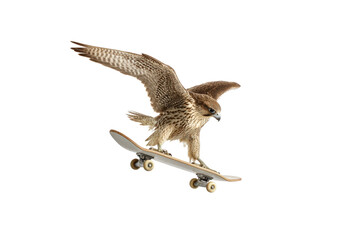 Obraz premium Majestic falcon riding skateboard with wings spread on transparent background vector Concept of freedom, skill, and unusual animal sport