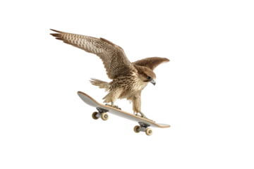 Majestic falcon riding skateboard with wings spread on transparent background vector Concept of freedom, skill, and unusual animal sport