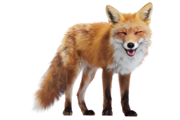 Happy red fox with closed eyes and open mouth on a transparent background vector, expressing joy and playful wildlife