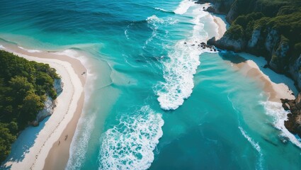 Obraz premium Drone shot aerial view of seascape waves on beach with turquoise blue water ocean sea tourism, white sand, and empty copy space for text.