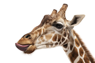 Giraffe portrait on transparent background vector, licking its nose with long tongue Concept of wildlife, animal behavior, and isolated African fauna