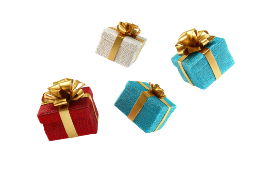 Festive floating gift boxes with golden ribbons on a transparent background vector for Christmas, birthday, or special occasion celebrations