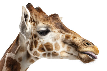 Naklejka premium Giraffe headshot with tongue sticking out on transparent background vector Closeup portrait of a reticulated giraffe with funny expression Concept of wildlife, animal behavior, and humor