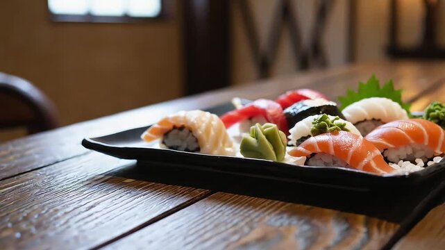 Fresh sushi assortment on wooden table