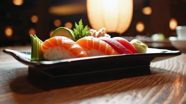 Gourmet sushi under warm lights