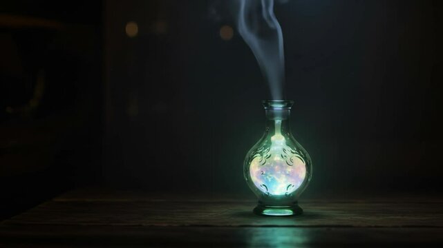 Glowing magical potion bottle emitting smoke on dark wooden surface, mystical fantasy background