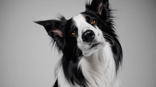 Adorable border collie displaying intelligent and expressive demeanor, tilting head inquisitively against seamless gray studio backdrop with engaging canine personality