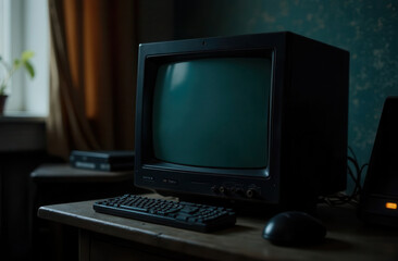 A retro computer sits on an aged wooden desk its old monitor glowing faintly in the dim light. Dust particles float in the air creating a nostalgic atmosphere in the cozy room.