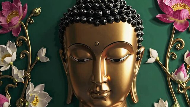Golden Buddha head with lotus flowers