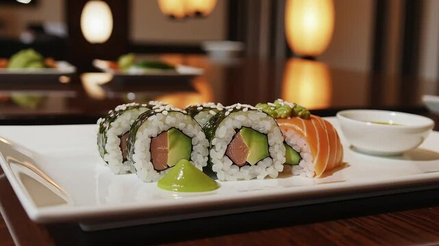 Sushi rolls served with wasabi