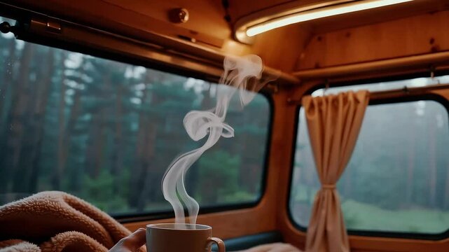 Car ride view through foggy forest