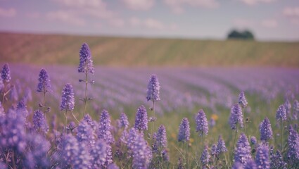 Obraz premium Purple Flowers On The Field, Background, with Empty Copy Space For Text.