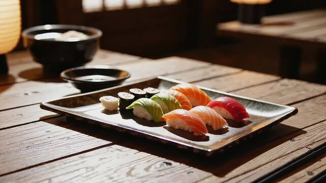 Sushi on bamboo tray in restaurant