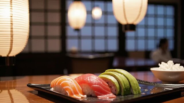 Colorful sushi assortment at dinner