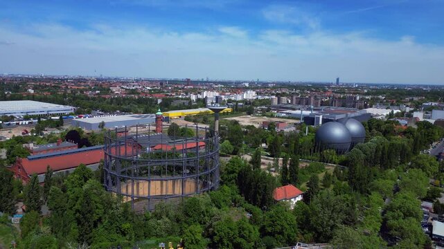 14.5.25 Berlin Germany, old Gasometer in City. Magic aerial view flight drone
