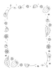 Rectangular vertical Strawberry Plant frame Doodle sketch. Strawberries border with fruits. Black and white hand drawn Vector, berries organic food for menu, invitation. Hollyday border with berries.