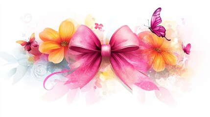 Elegant Pink Bow with Watercolor Flowers and Butterflies Beautiful Floral Design Romantic Spring Theme Pretty Delicate Artistic Illustration Soft Colors Pastel Shades Vibrant      