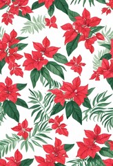 Seamless Tropical Pattern with Red Exotic Flowers and Lush Leaves. summer wrapping paper, textiles, wallpapers, and packaging.