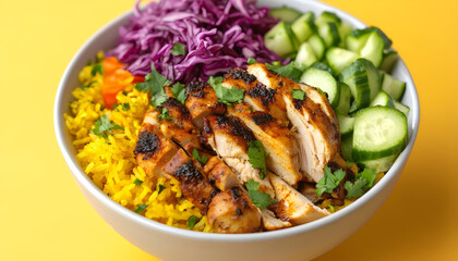 Fototapeta premium floating chicken shawarma bowl stack on a warm sand background turmeric rice, sliced chicken shawarma, pickled red cabbage, cucumber cubes, garlic sauce, chopped parsley