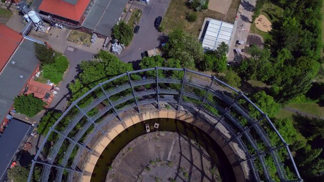 14.5.25 Berlin Germany, old Gasometer in City. Unique aerial view flight drone