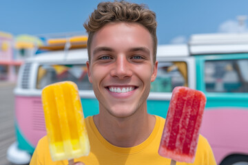 Smiling Caucasian American man holding red and yellow popsicles in front of colorful van at beach boardwalk