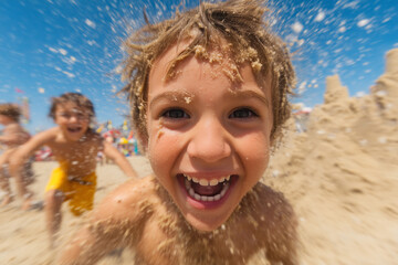 Happy Caucasian child with sand on face laughing at beach with blue sky and sandcastle in background