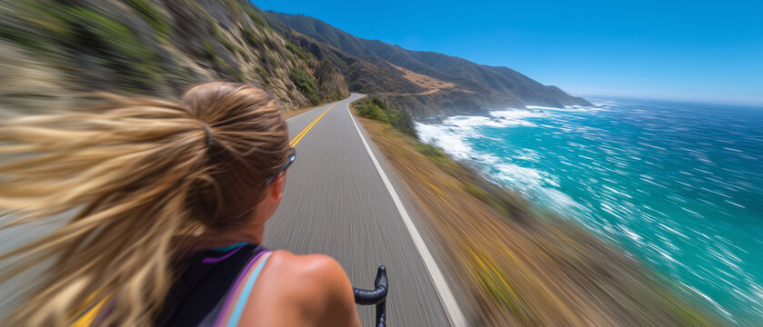 Rear view of athletic Caucasian woman cycling at high speed along scenic coastal highway with ocean