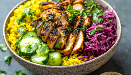 floating chicken shawarma bowl stack on a warm sand background turmeric rice, sliced chicken shawarma, pickled red cabbage, cucumber cubes, garlic sauce, chopped parsley