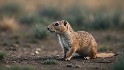 Fototapeta premium A small prairie dog sits quietly on the ground, looking away. These social rodents live in colonies and mainly eat grasses, leaves, and seeds in their natural habitat.