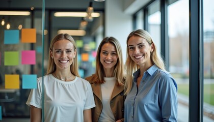 Three smiling women standing together in modern office environment  