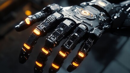 Fototapeta premium Cyberpunk Robotic Hand Futuristic Technology Mechanical Arm Dark Orange Glowing Lights Detailed Design Industrial Engineering Advanced Artificial Intelligence Innovative Digital 3D