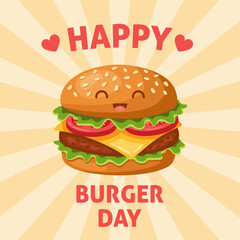 Fun and cheerful illustration of a smiling cartoon cheeseburger with lettuce, tomato, cheese, and sesame bun. Includes 