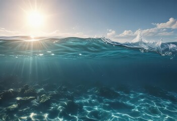 Naklejka premium Calm blue ocean waves, sunlight penetrates, vibrant underwater scene visible, clear, wildlife, waves