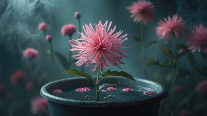A unknown pink flower in a tub for interior beautification