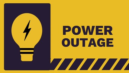 A bright yellow warning sign indicating a power outage with a bold bulb symbol and hazard stripes for visual urgency and clarity