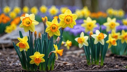 Obraz premium Amazing yellow and colorful narcissus blooming in the garden
