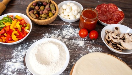 Fototapeta premium Pizza preparation raw ingredients and dough arranged on a rustic wooden table. A culinary scene ideal for food blogs, recipes, and restaurant promotions.