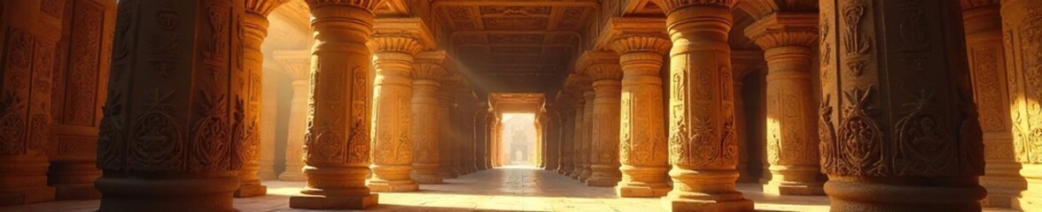 Fototapeta premium Ancient temple bathed in golden sunlight, intricate carvings detail a sacred story Spiritual serenity, peaceful atmosphere, architectural marvel, timeless beauty , shadows, spiritual