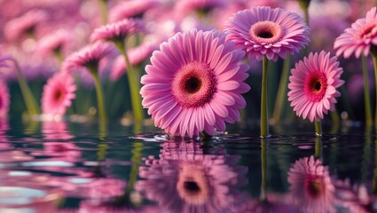 Closeup of pink daisy-gerbera flowers with soft focus reflected in water, with empty space for text.