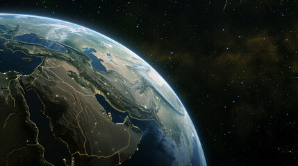 Fototapeta premium Blue marble Earth, sun in a starlit night sky, a global sphere in the vast universe with continents and oceans