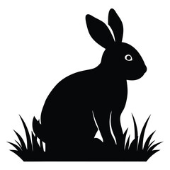 Rabbit Crouched in Grass Vector Silhouette on White Background