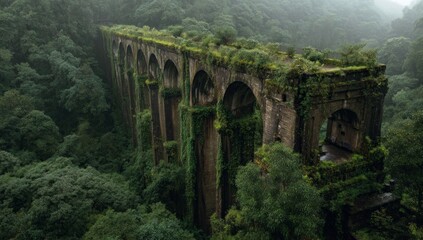 Obraz premium Overgrown Stone Arch Bridge in Lush Rainforest