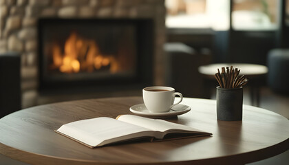 Fototapeta premium Cup of hot drink and book on table near fireplace at home. Cozy atmosphere