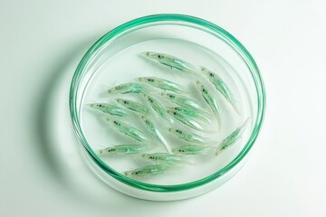 A petri dish contains numerous translucent small fish, likely for scientific research or aquaculture.