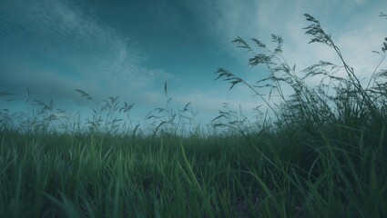 Obraz premium Green Grass And Blue Sky. Featuring Blank Space For Text