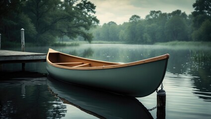A sleek canoe tied to a dock on a peaceful pond.
