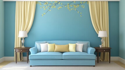 A light teal room with a pale yellow sofa and curtains.