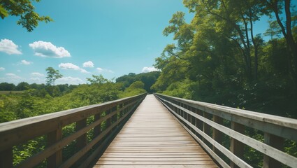 A serene wooden boardwalk extends through lush greenery under a clear blue sky, offering a peaceful pathway for exploration and connection with nature, with empty space for text
