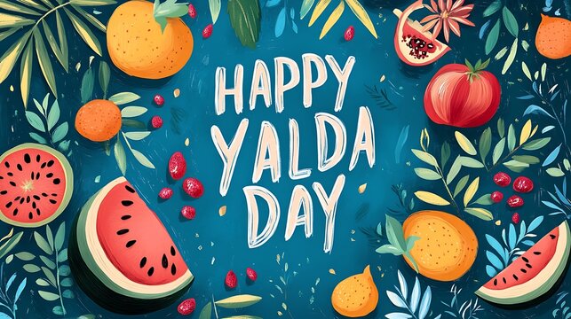 Colorful fruits and leaves arranged around the message happy Yalda Day.