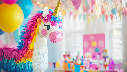bright unicorn shaped pinata and party accessories in a festively decorated room